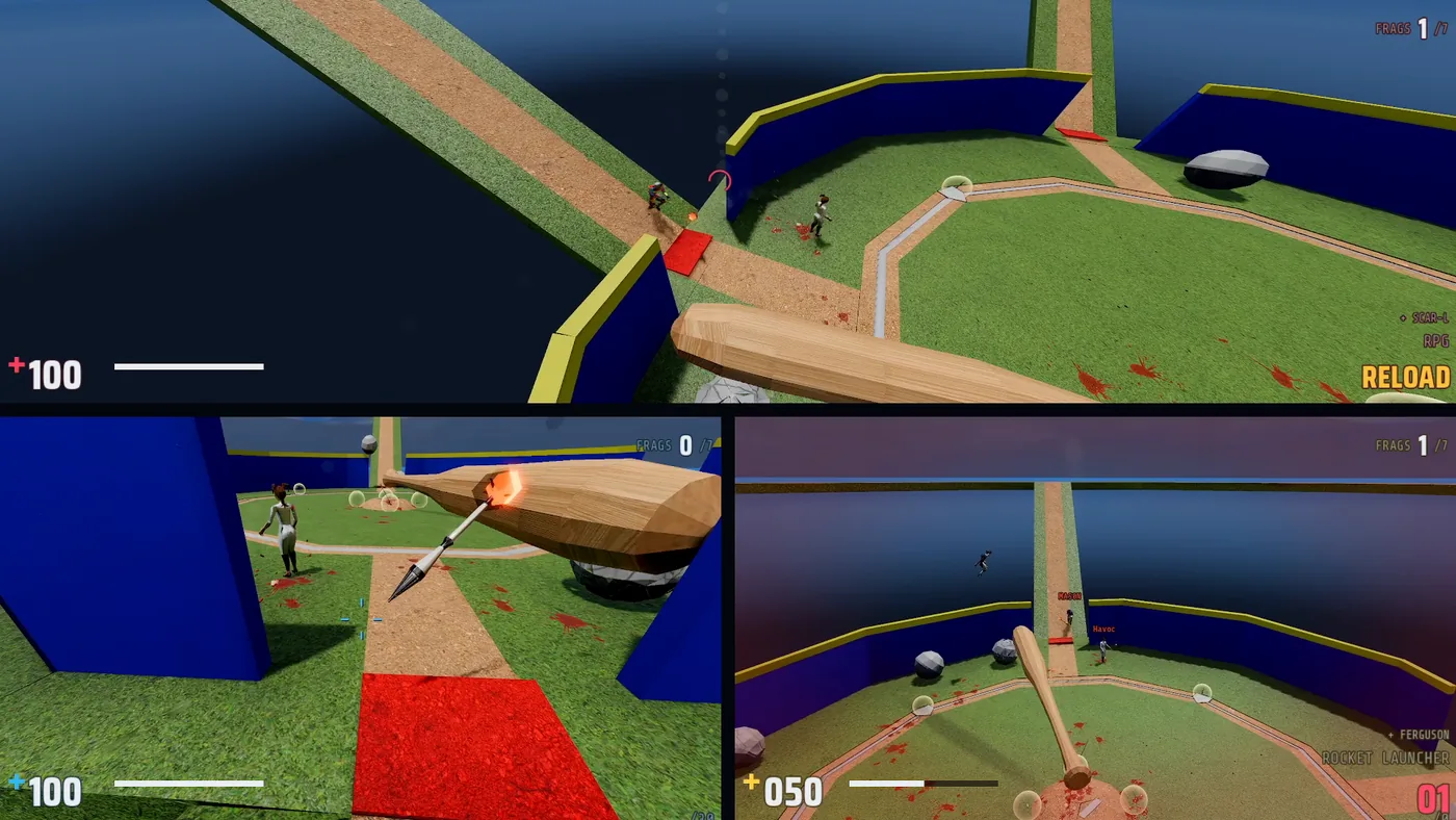 Split-screen on a baseball diamond map, one player swinging a bat.