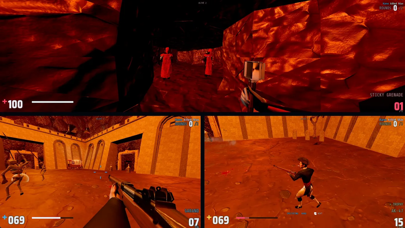 Split-screen inside a red-lit crypt of carved rock.