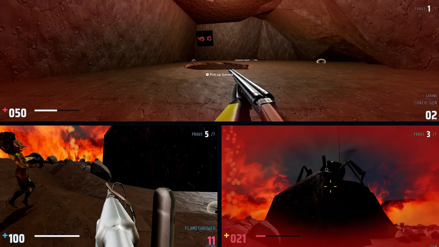 Split-screen showing a flamethrower and a wall of fire under a red sky.