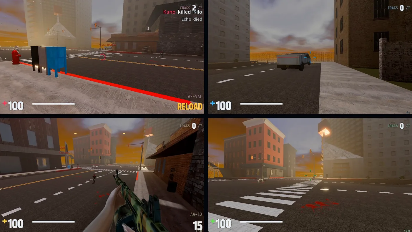 Four-player split-screen across a city street map at sunset, each player's health shown in their own seat colour.
