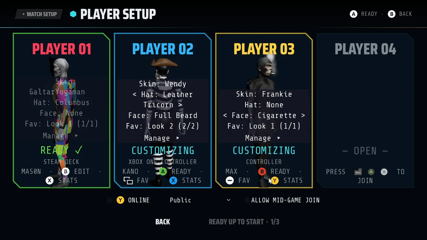 The player setup lobby: four slots in crimson, cyan, amber and green, each with a customised character.