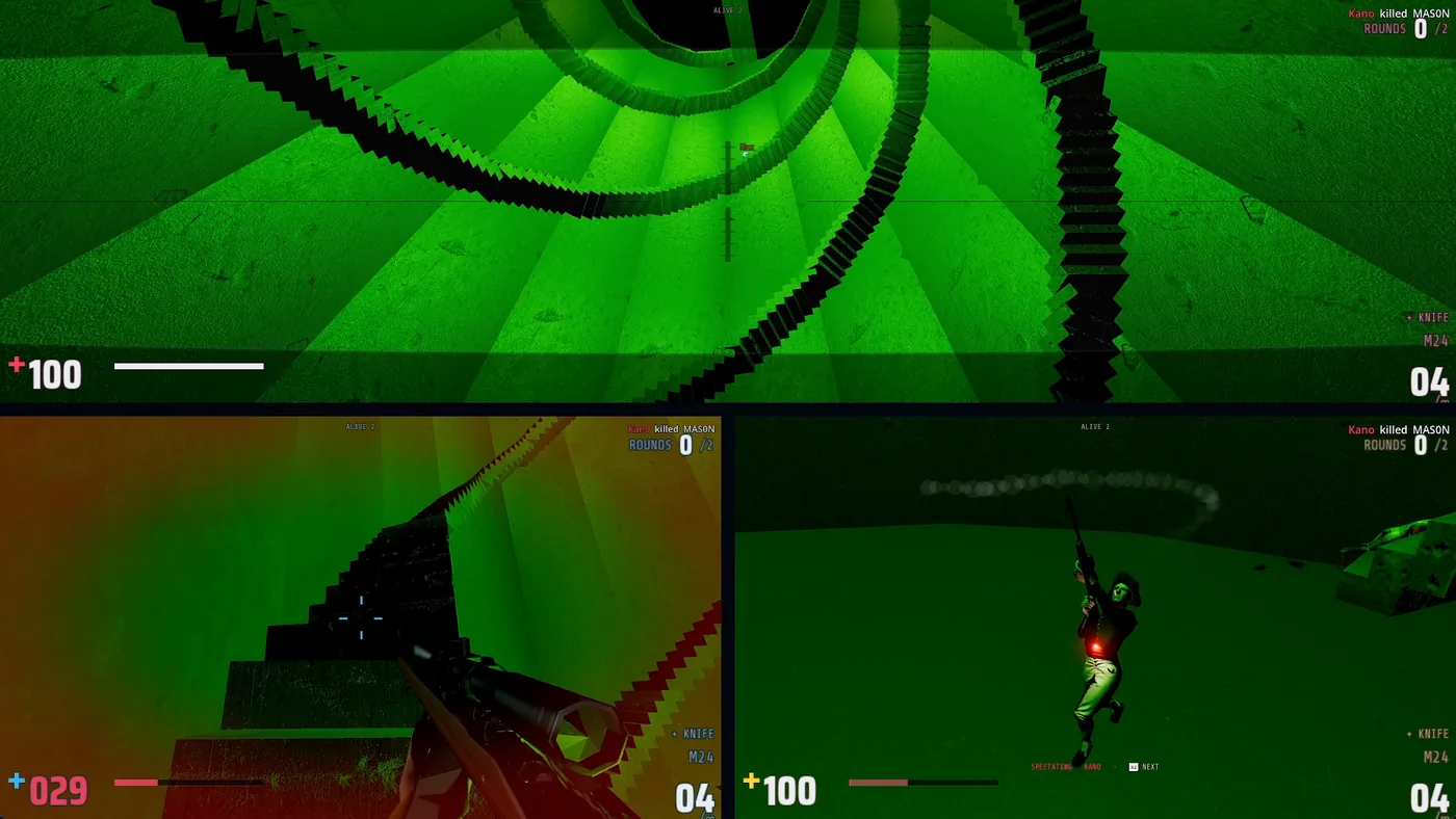 Split-screen inside a spiral tower lit acid green, with one player spectating another mid-air.