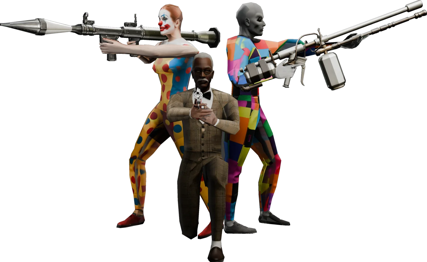 Three Skuffle characters: a clown with a rocket launcher, a suited man with a revolver, and a grey mannequin in a patchwork suit holding a launcher.